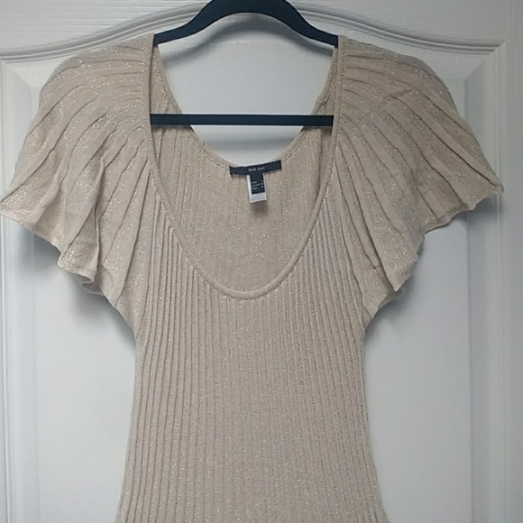 Vintage Shimmery pleated ivory flutter sleeve dress - Picture 4 of 7